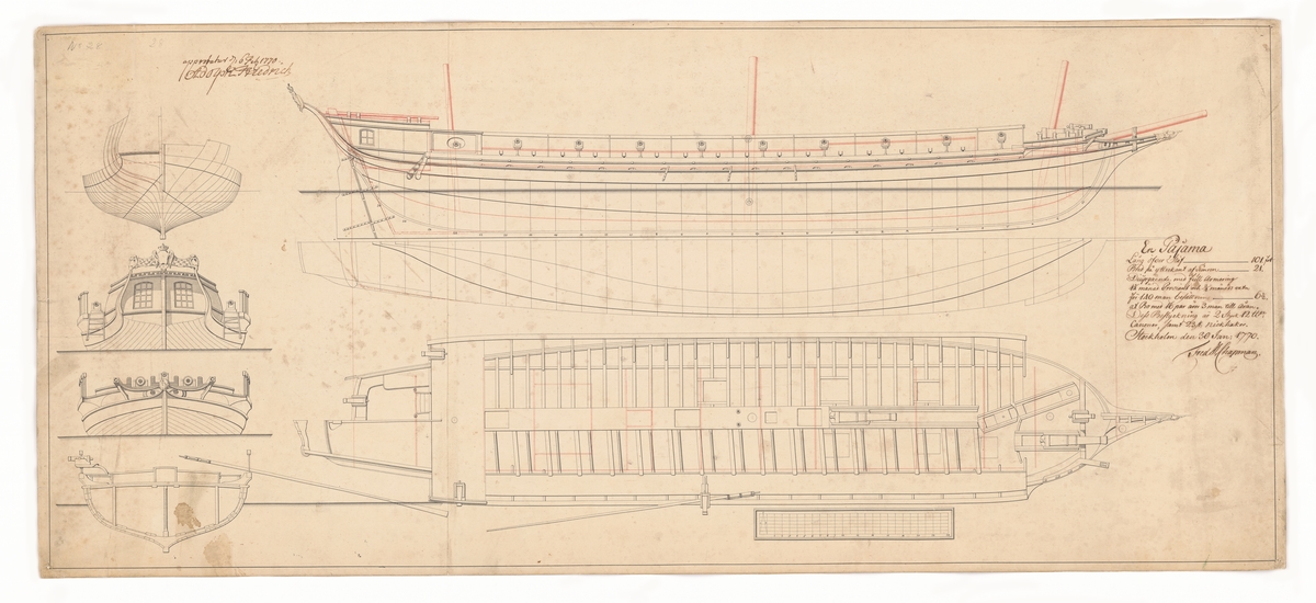 Pojamafartyget BRYNHILDA. Profil-, spant- och linjeritning, sektion samt plan.