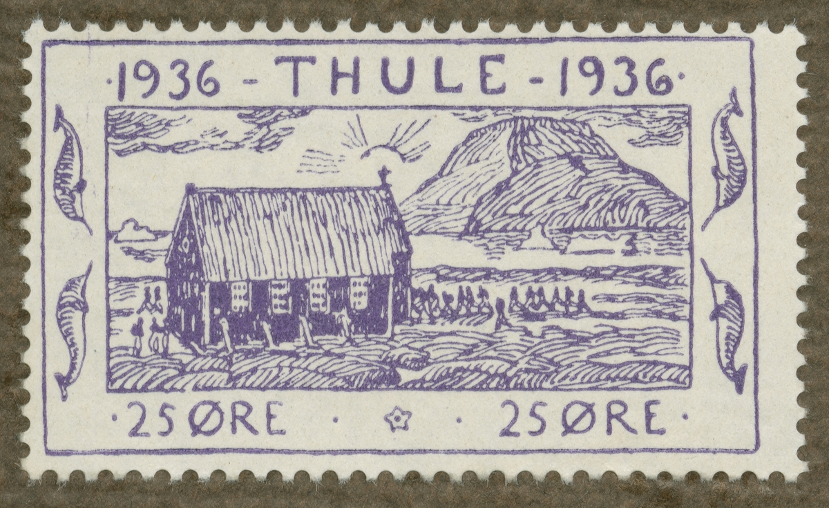 Frimärke ur Gösta Bodmans filatelistiska motivsamling, påbörjad 1950.
Frimärke från Thule, Nordvästra Grönland, 1936. Motiv av byggnad i Thule-kolonien.