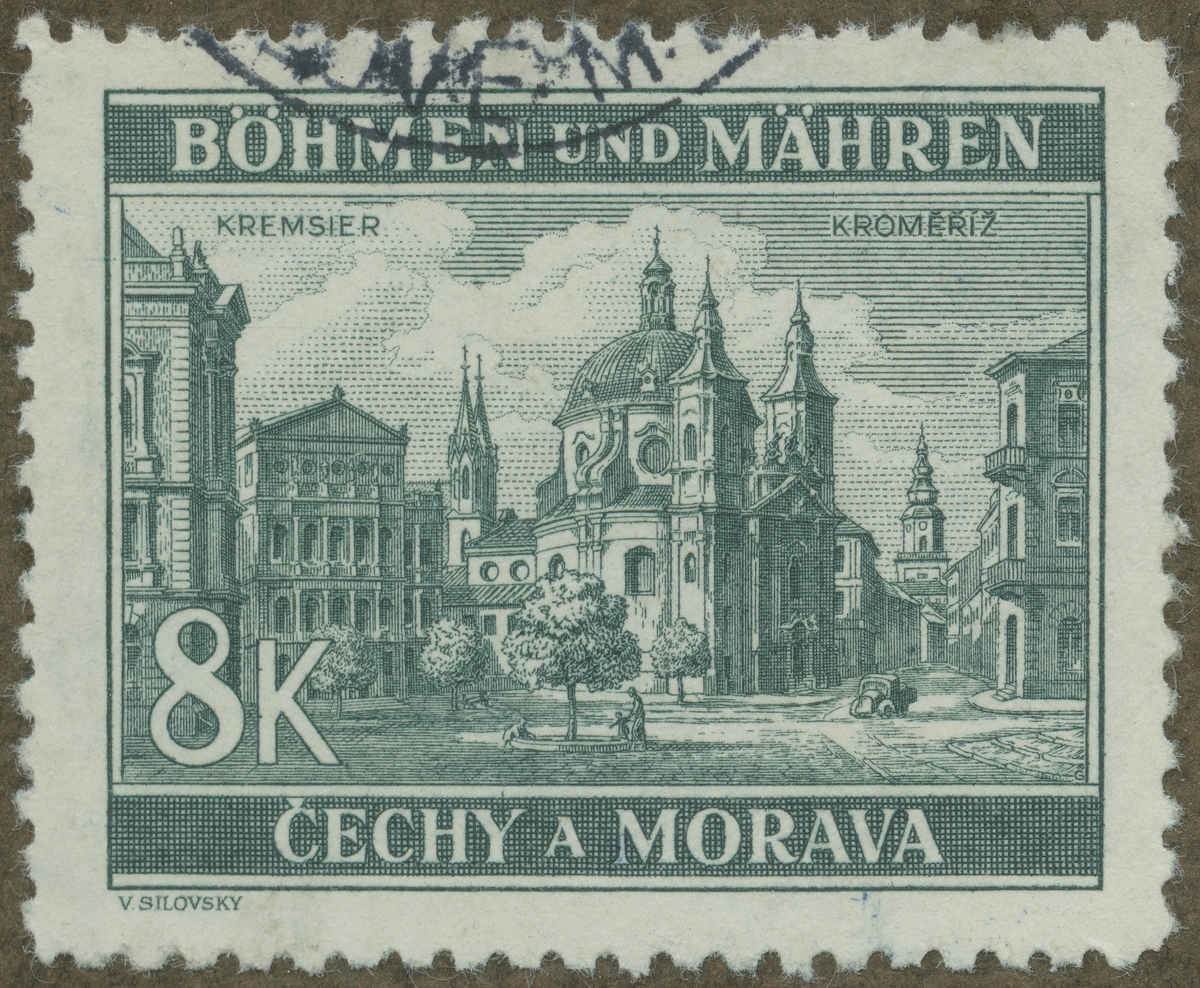 Frimärke ur Gösta Bodmans filatelistiska motivsamling, påbörjad 1950.
Frimärke från Böhmen och Mähren, 1940. Motiv av Kyrkan i Kromeriz.