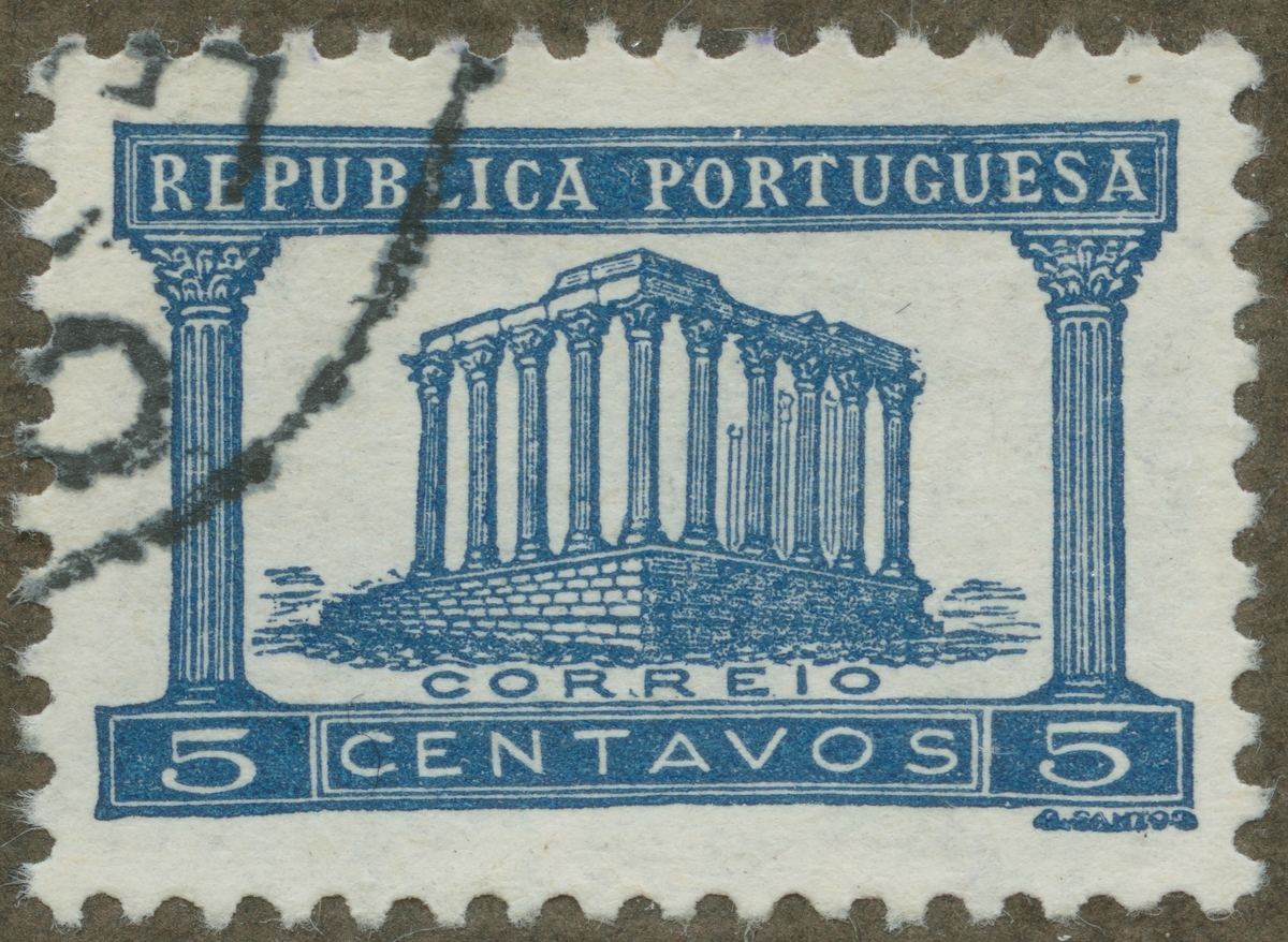 Frimärke ur Gösta Bodmans filatelistiska motivsamling, påbörjad 1950.
Frimärke från Portugal, 1935. Motiv av Dianas Tempel vid Evora.
