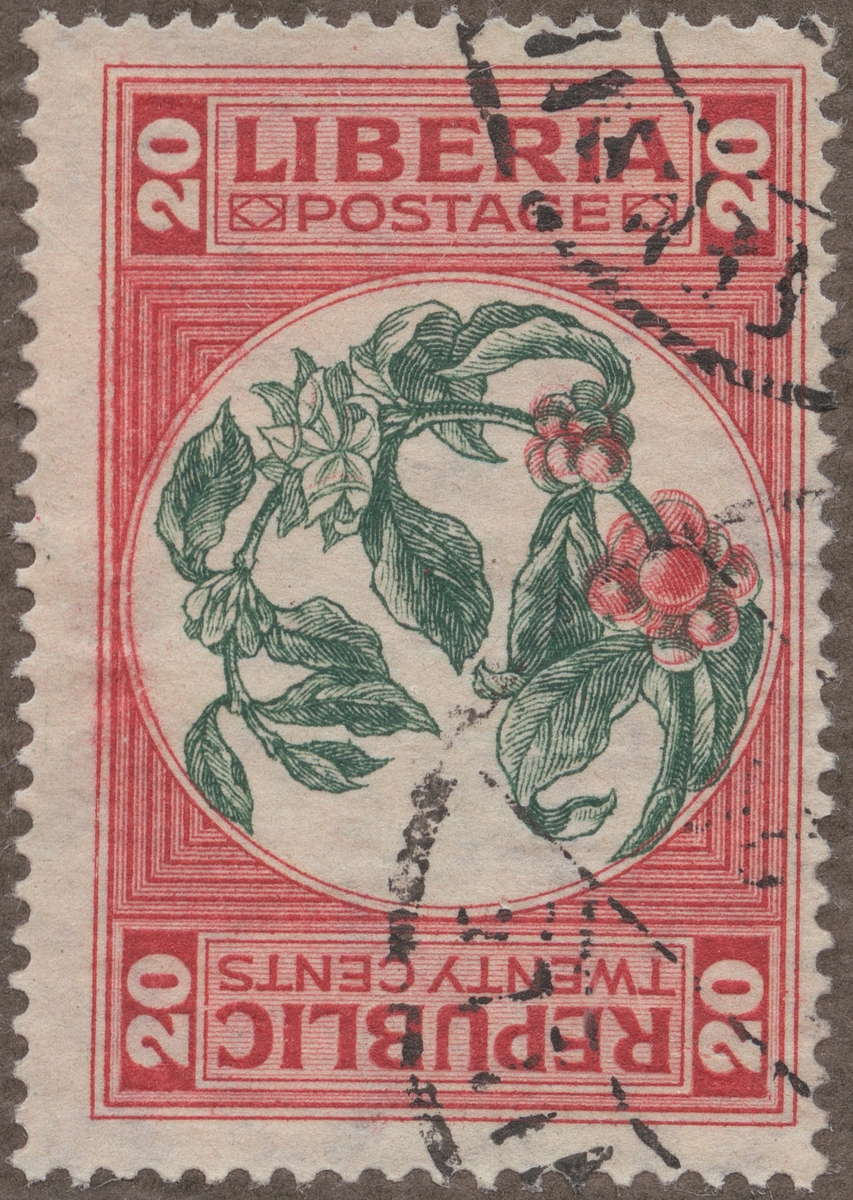 Frimärke ur Gösta Bodmans filatelistiska motivsamling, påbörjad 1950.
Frimärke från Liberia, 1921. Motiv av gren av kaffebuske.