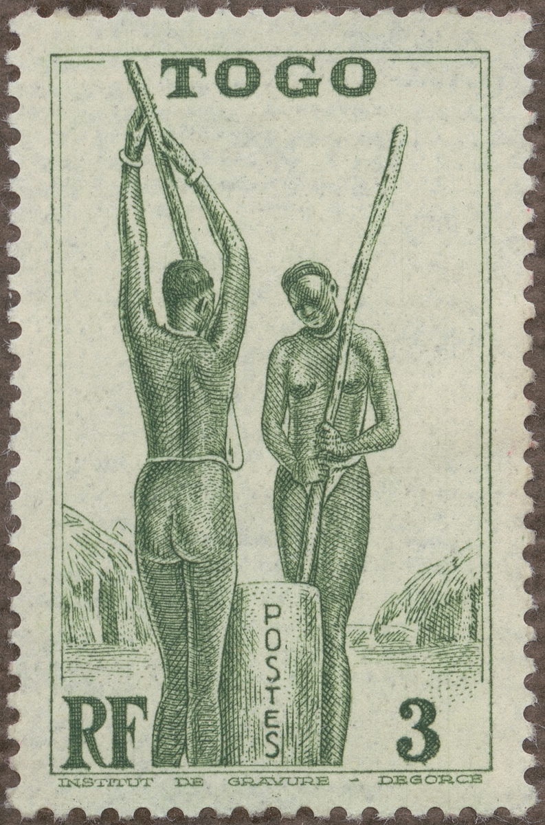 Frimärke ur Gösta Bodmans filatelistiska motivsamling, påbörjad 1950.
Frimärke från Togo, 190. Motiv av matberedning i Togo.