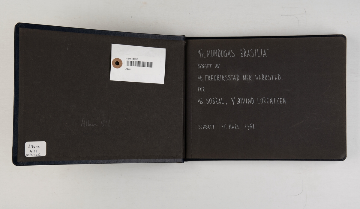 Album med 20 fotografier av M/T 'Mundogas Brasilia', bygget av A/S Fredriksstad mekaniske verksted for A/S Sobral, v/ Øivind Lorentzen. Sjøsatt 14. mars 1961.
