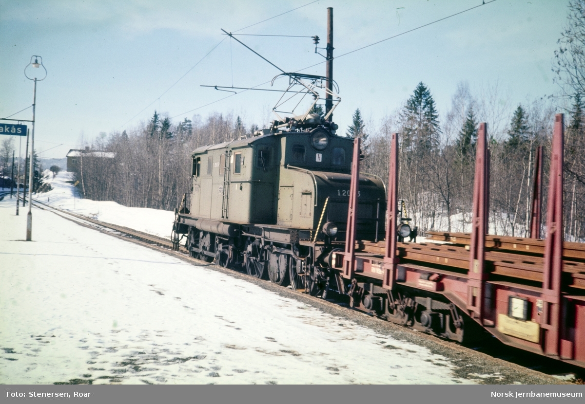 Elektrisk lokomotiv El 1 nr. 2003 med underveisgodstoget fra Oslo V (Filipstad) til Drammen, Gt. 5353, passerer Vakås holdeplass.