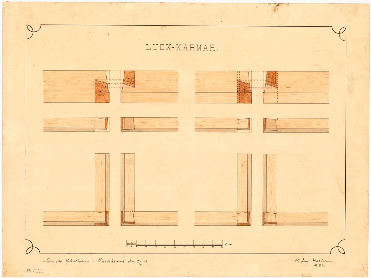 Kulört ritning som visar olika typer av förbindelser mellan trälister för byggandet av karmar i skeppsbyggnaden. Ritningen utfördes som elevarbete i Tekniska yrkesskola i Karlskrona.