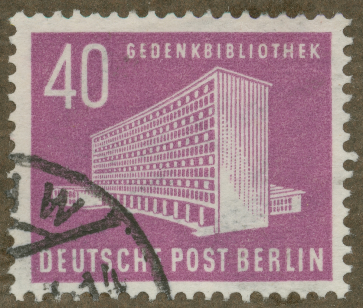 Frimärke ur Gösta Bodmans filatelistiska motivsamling, påbörjad 1950.
Frimärke från Tyskland, 1953. Motiv av Centralbiblioteket i Berlin.