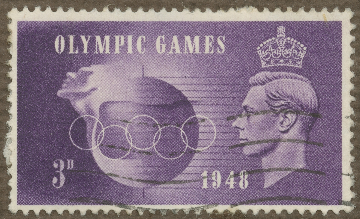 Frimärke ur Gösta Bodmans filatelistiska motivsamling, påbörjad 1950.
Frimärke från England, 1948. Motiv av jordglob och de olympiska spelringarna.