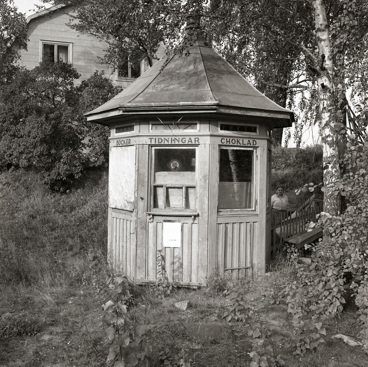 En gammal kiosk står under ett träd omgiven av gräs och buskar. Ett bostadshus syns i bakgrunden, Ångermanland 1974.