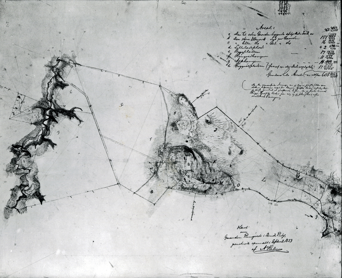 Fotokopi av kart over Gaarden Ringve i Strinde Prstgl. Geometrisk opmaalet i September 1853 af A.Holm.