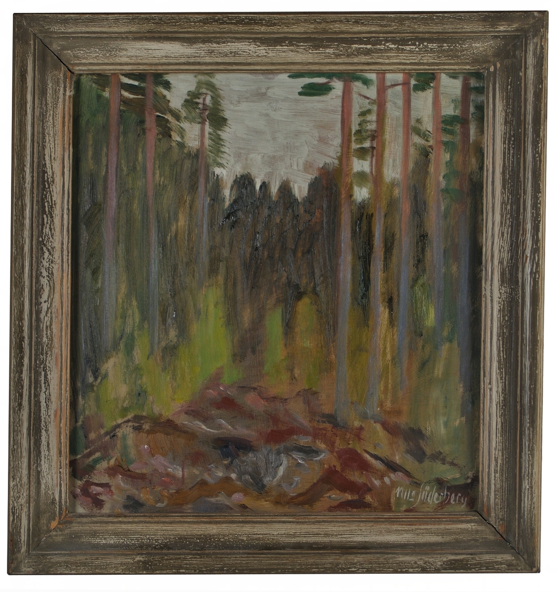 Ett landskap med tallar och en skogsglänta. Ett exempel på Söderbergs typiska landskapsmålningar från Gästrikland. Patinerad originalram.