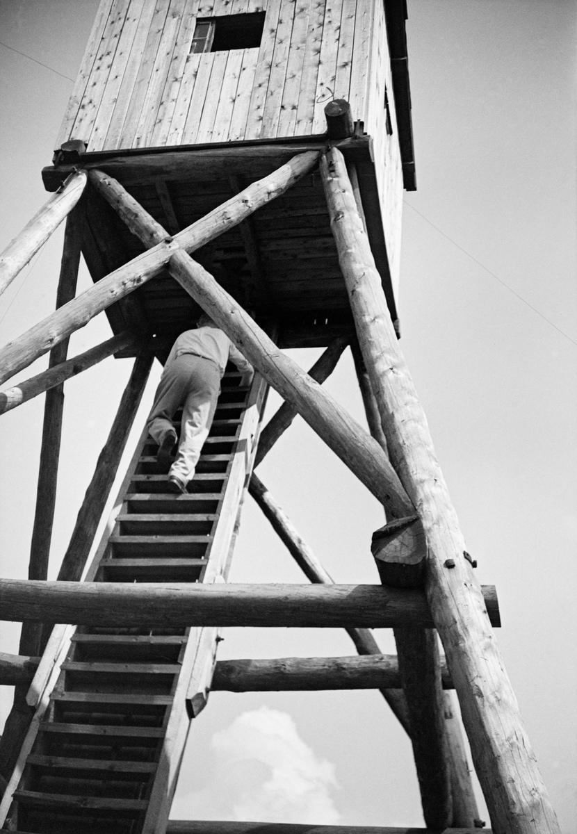 Tårnet på Svartåsen skogbrannvaktstasjon i Lørenskog i Akershus.  Fotografiet viser den øvre delen av et brannvakttårn med stolper som bærekonstruksjon.  Stolpene er reist i en bratt, pyramidal form med ei noenlundkvadratisk utkikkshytte i bordkledd bindingsverk på toppen.  På bildet er en mann på veg opp stigen mot luka i golvet på utkikkshytta. 

Svartåsen, hvor høyeste punkt er 361 meter over havet, er Lørenskogs høyeste punkt, og dermed også et bra utsiktspunkt. Det første brannvakttårnet på dette høydedraget ble reist for godseier Lorentz Meyer Boeck på Losby i 1901.  Dette tårnet skal ha vært 12 meter høyt.  Boeck var også viseformann i Akershus Amts Skogselskab, noe som naturligvis kan ha inspirert ham til å reise et brannvakttårn.  Skogbrannvern var nemlig en sentral sak for fylkesskogselskapene tidlig på 1900-tallet. I 1932 ble det reist et nytt tårn på Svartåsen. Dette tårnet var åtte meter høyt og hadde ei lita hytte på toppen. Det godseier Boeck som tok initiativet til å få reist det andre tårnet også, men i dette tilfellet fikk han refundert en vesentlig del av kostnadene fra Det norske gjensidige Skogbrandforsikringsselskap, vanligvis kalt bare «Skogbrand», som naturlig nok var meget opptatt av å stimulere brannforebyggende tiltak. Det er sannsynligvis dette andre tårnet som er avbildet på dette fotografiet.  Vi vet foreløpig ikke hvor lenge dette tårnet var i drift, men da Skogbrand i 1960 henvendte seg til skogsjefen på Losby Bruk for å spørre om tårnet var tilfredsstillende utstyrt med peileappart for lokalisering av branntilløp, svarte forstmannen Nils Vøien at tårnet ikke eksisterte lenger. «Det hadde en såvidt ugunstig beliggenhet i forhold til det området det var ment å skulle dekke, at det ikke ble holdt vedlige og er nå revet», skrev skogsjefen. Brevet fra Vøien forteller ikke eksakt når tårnet ble revet. Han hadde vært skogsjef hos Katrine Boeck i 11 år da det nevnte brevet ble sendt. 

Even Saugstadskriver følgende om brannvakttårnet på Svartåsen i sin bok «Østmarka fra A til Å» (2000):

«Svartåsen.  C3 Lørenskog. 361 moh., Lørenskogs høyeste punkt.  Ås mellom Halsjøen og Losby.  Her sto det et viktig brannvakttårn for Losbyu bruk.  Det var Losby-eieren Lorentz Meyer Boeck som fikk bygd det 12 meter høye tårnet i 1901.  I 1932 ble tårnet byttet ut med et nytt som var åtte meter høyt og hadde en liten hytte på toppen.  Det ble utstyrt med telefon ned til bruket, noe som var litt av en sensasjon den gangen.  Tårnet var døgnbemannet i den tørreste perioden om sommeren.  Det blir fortalt at det ikke lernger var i bruk, og ble revet på 1960-tallet.»