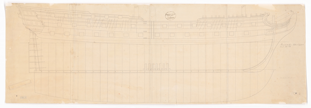 Profil- och linjeritning till det engelska 74-kanonersskeppet BRUNSWICK (1790).
