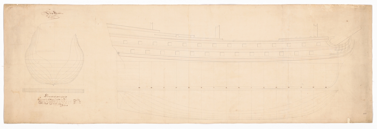 Det franska linjeskeppet LE BIZARRE (1751). Spant, linje- och profilritning.
