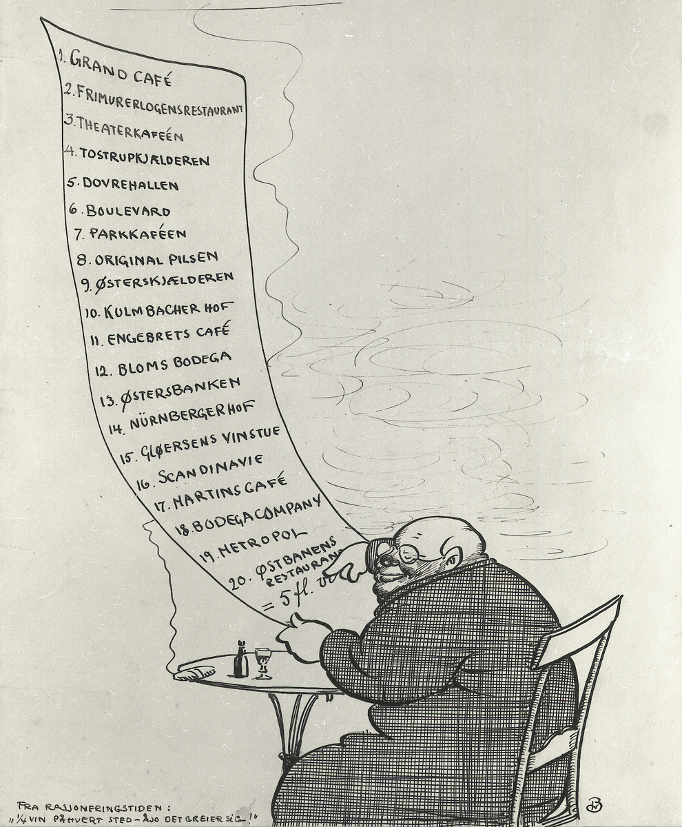 karikatur, mann
En fyllikk sitter ved et cafébord med liste over byens restauranter