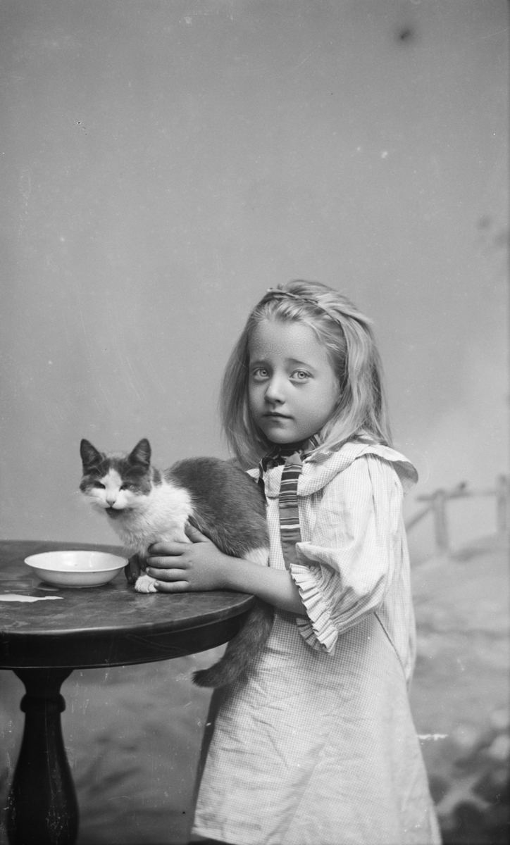 Jente i kjole med katt og melkeskål på et rundt bord.