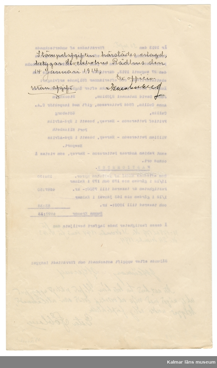 KLM 46339:17. Arkivhandling, dokument. Maskinskriven text på vitt papper, två sidor.
