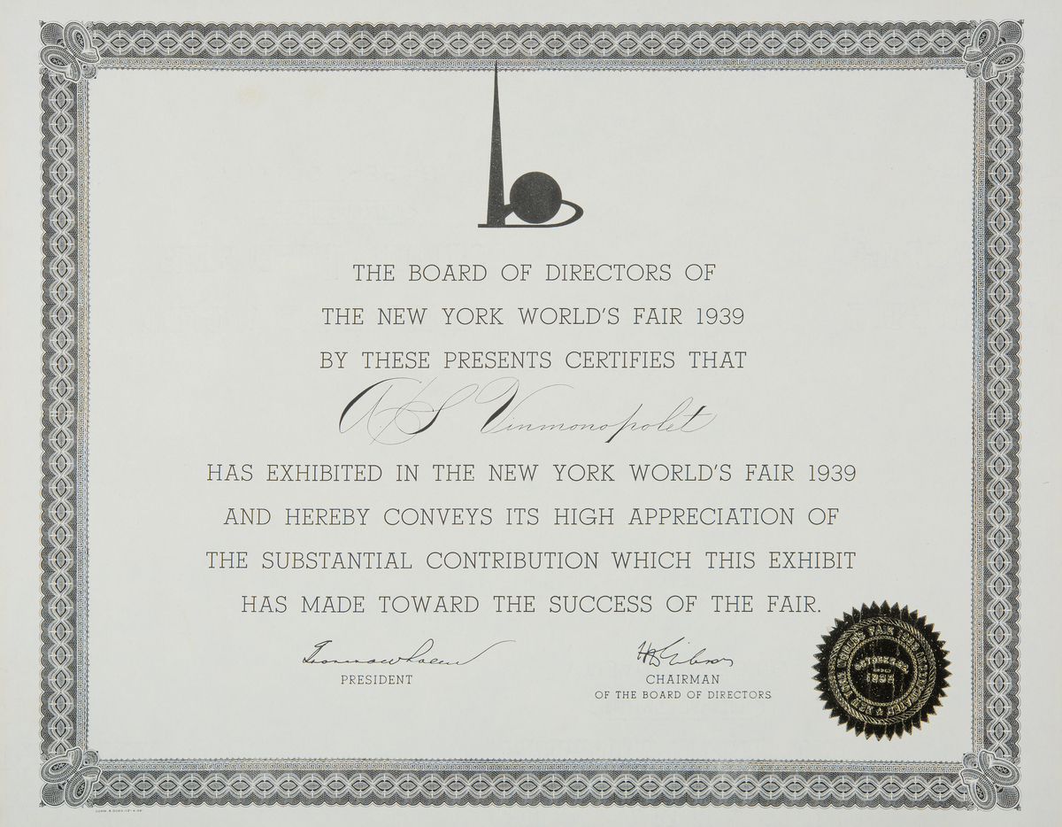 Vinmonopolet. Diplom for deltakelse på verdensutstillingen i New York i 1939. 