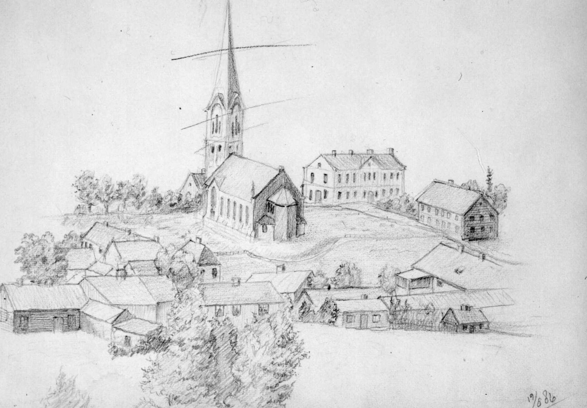 Repro: Tegning av Lillehammer kirke med omgivelser.