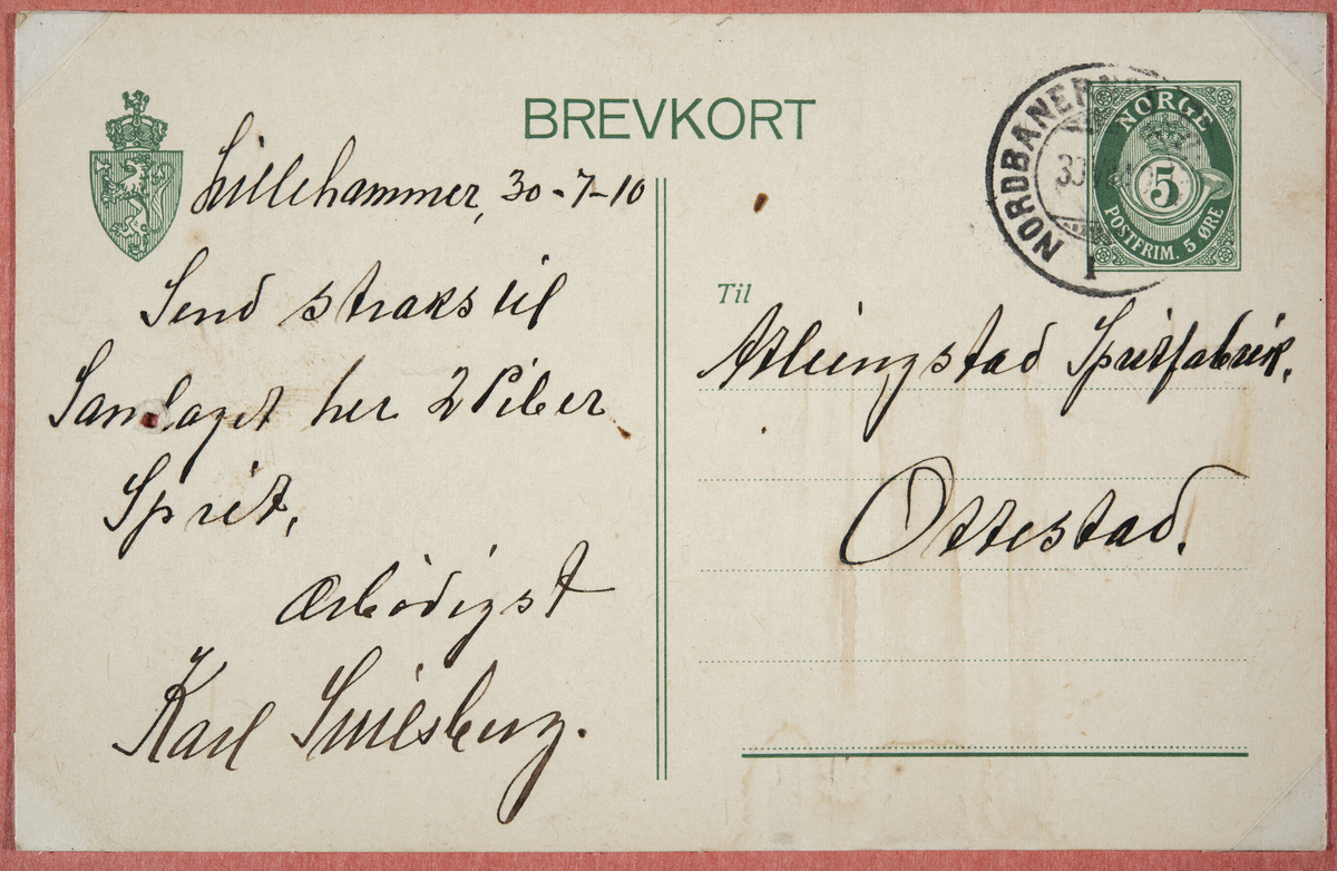 Brevkort fra Karl Snilsberg datert 30.07.1910, Lillehammer. 