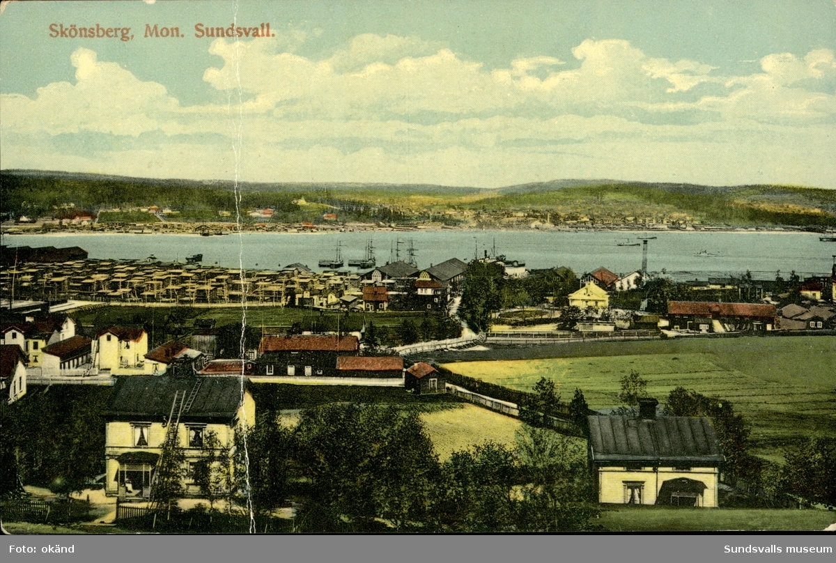 Vykort med motiv över Mons sågverk i Sundsvall.