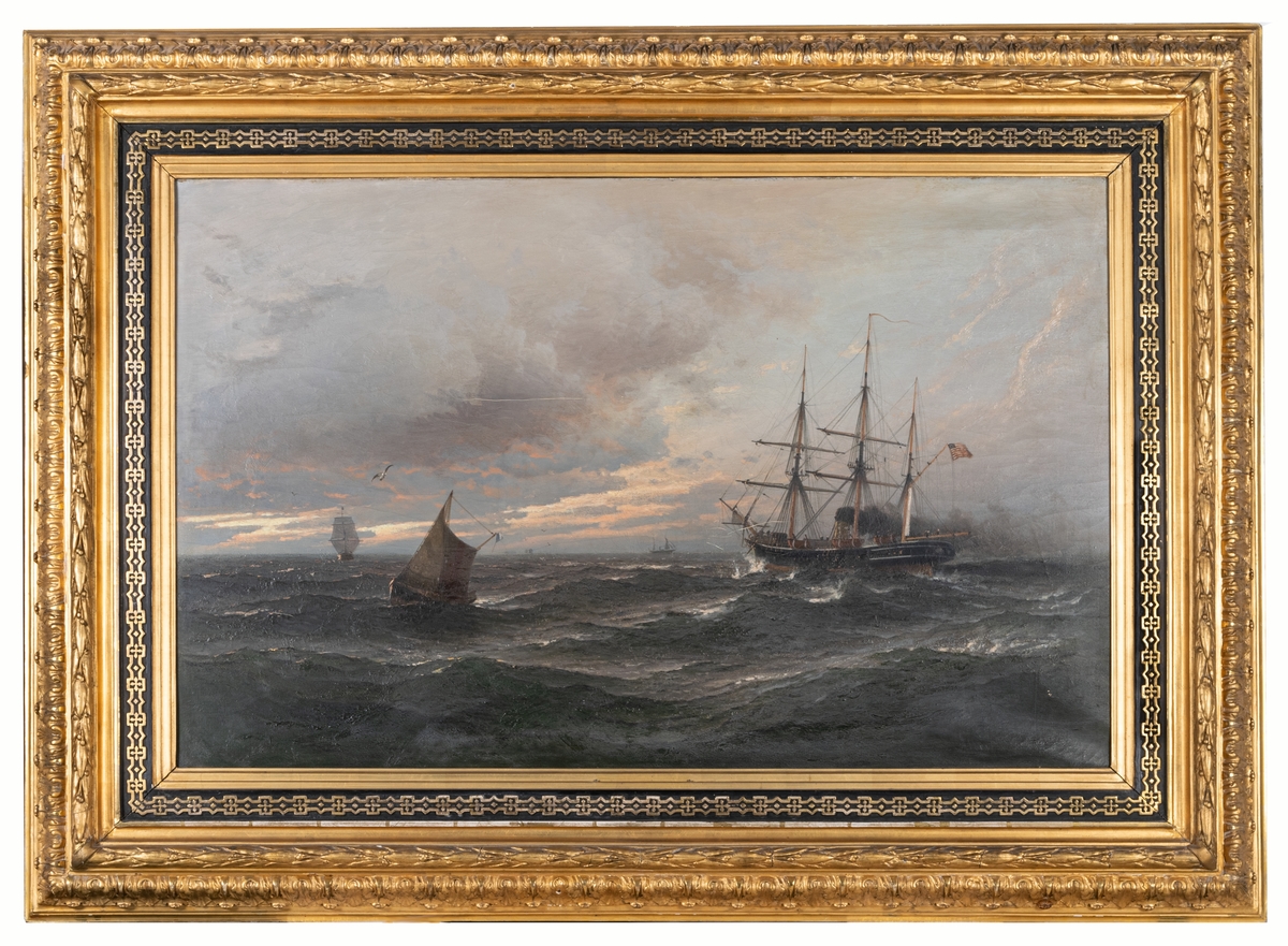 Oljemålning, "Marin Amerikansk korvett" av Albert Berg, 1884. 
Montering/Ram: Förgylld originalram