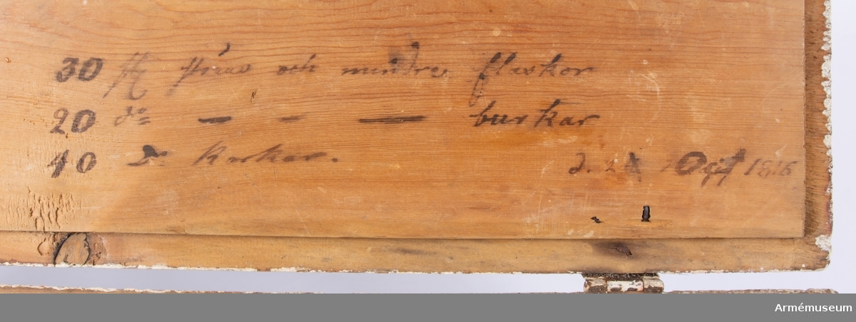 Låda av trä. Utvändigt målad grå med smala röda bårder. Tom. I locket skrivet: 30 st större och mindre flaskor, 20 dito burkar, 4 dito korkar. 2 Oct 1816.