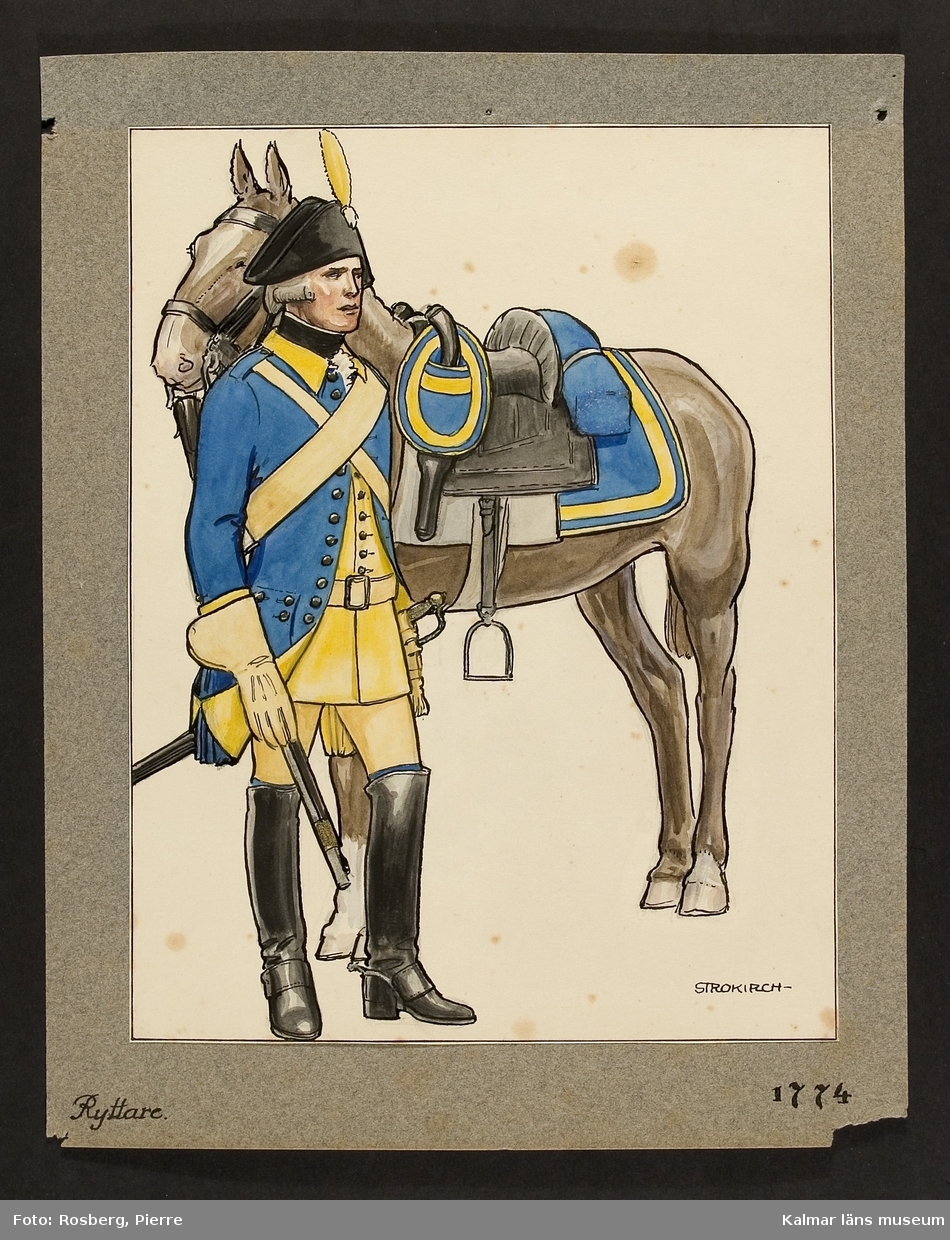 Motiv med ryttare och häst som visar utrustning, uniform och tillbehör vid Smålands husarregemente 1774.