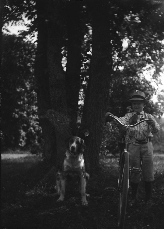 Pojke med cykel och hund.