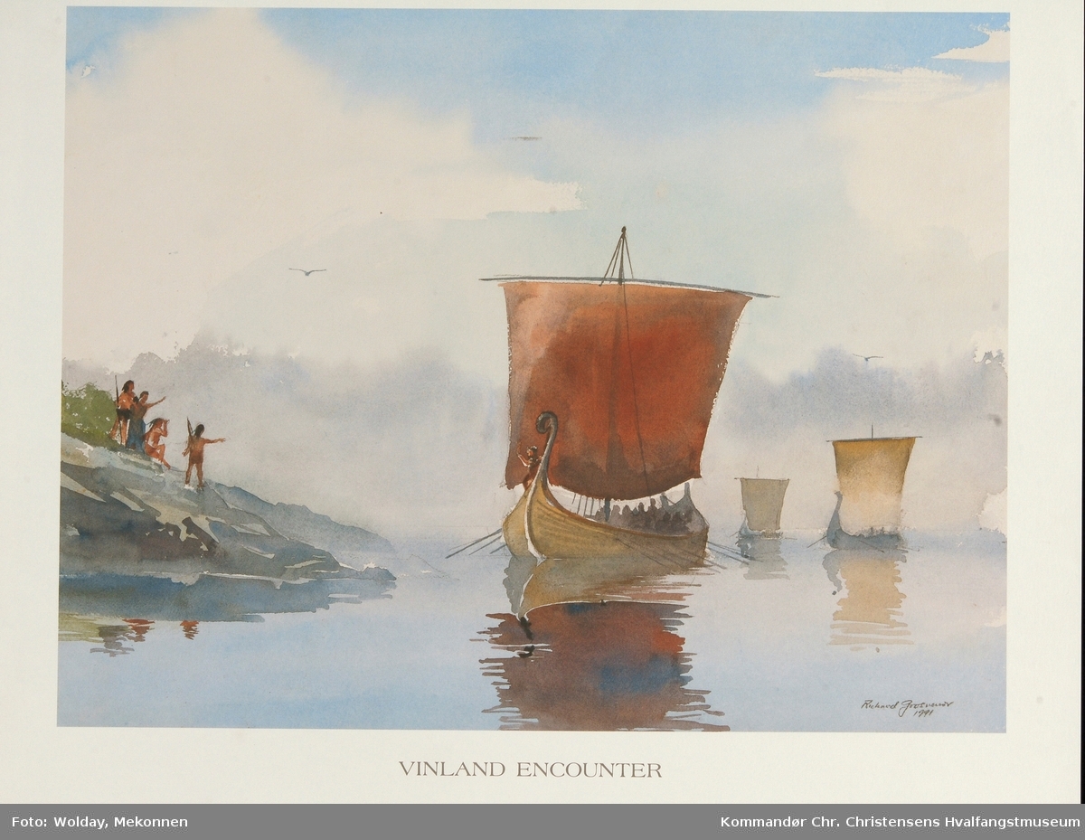 Tre vikingskip, indianere på land