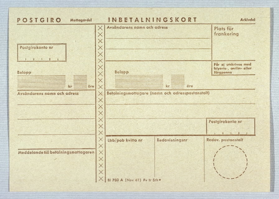 Seriebild M 41. Ej ifyllt postgiroinbetalningskort. Blankett 703 A
(Nov 61) Postverkets tryckeri Stockholm.