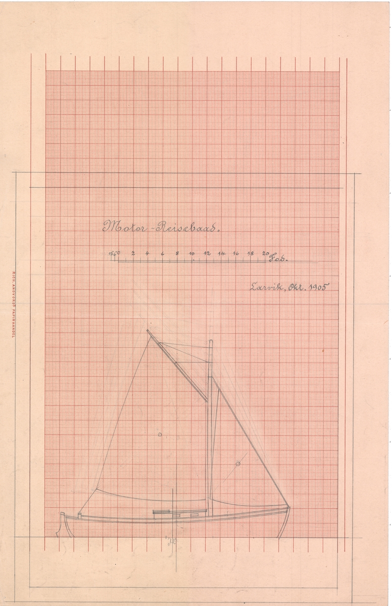 Seiltegning/sideriss med seilføring reisebåt. Båt nr. 107.
Bakside: Profil og snitt-tegning.