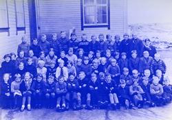Elever og lærer på Sævland skole 1928-29-30. Poserer på trap
