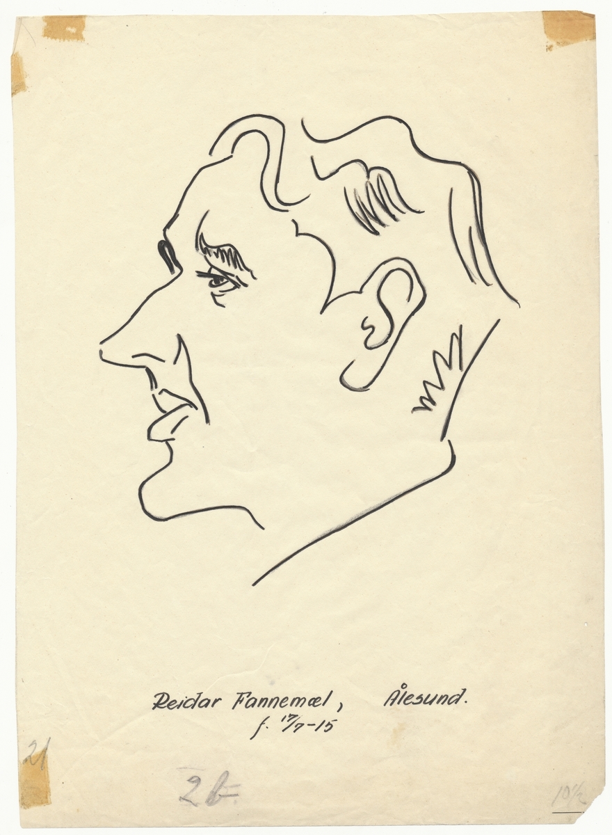 Portrettegning (karikatur) av falstadfange Reidar Fannemel (f. 1915), Ålesund.