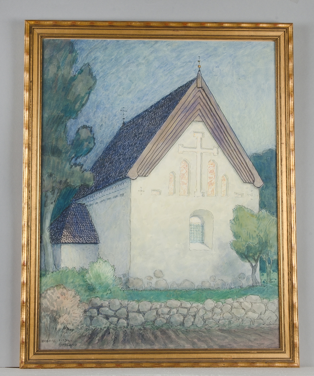 Akvarellen föreställer Fittja kyrka, Fittja socken, Uppland.