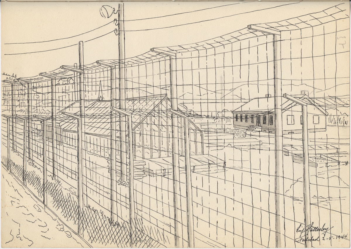 Tegning fra Falstad fangeleir, "Gartneriet sett fra sør". Drivhus sett gjennom leirgjerdet. Til høyre ligger kommandantboligen. Tegninga er datert 02.05.1944.