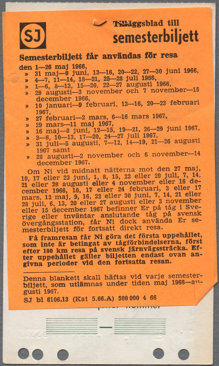 Biljett i 2:a klass för en resande med snälltåg med avresestation Eskilstuna C till Solleftå. Resväg: Södertälje S, Stockholm C, Uppsala C, Gävle, Härnösand. Annan väg vid återresa: Långsele, Sala och Bräcke. Ett kryss är ifyllt vid "semester". Första giltighetsdatum var 1966-11-29 och första återresedatum 1966-12-05. Biljetter kostade 115 kronor. På biljettens baksida finns resevillkor samt plats för att notera uppehåll med mera. Det finns även ett tilläggsblad för semesterbiljett. Biljetten är klippt.