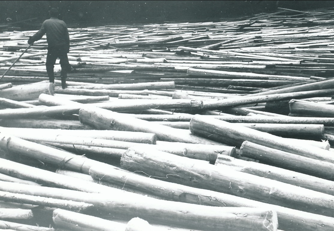 Tømmerfløter med tømmerhake i arbeid med fløtningstømmer i Randselva nedenfor Kistefoss.