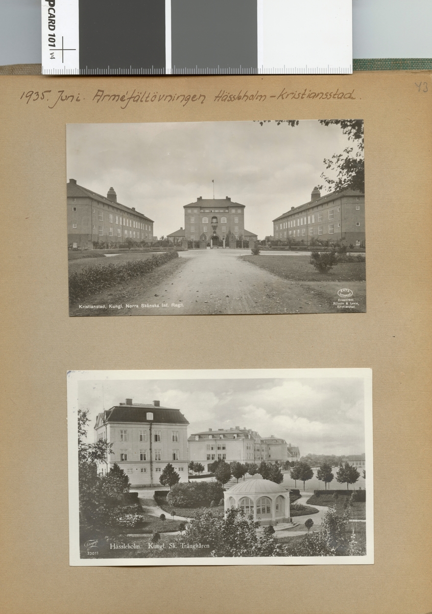 Text i fotoalbum: "1935. Juni. Arméfältövning Hässleholm-Kristianstad. Kristianstad, Kungl. Norra Skånska Inf. Reg:t".