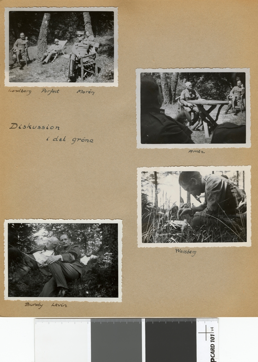 Text i fotoalbum: "1936 juni. Intendentur-fältövningen i Röstånga. Diskussion i det gröna. Lundberg, Perfect, Morén".