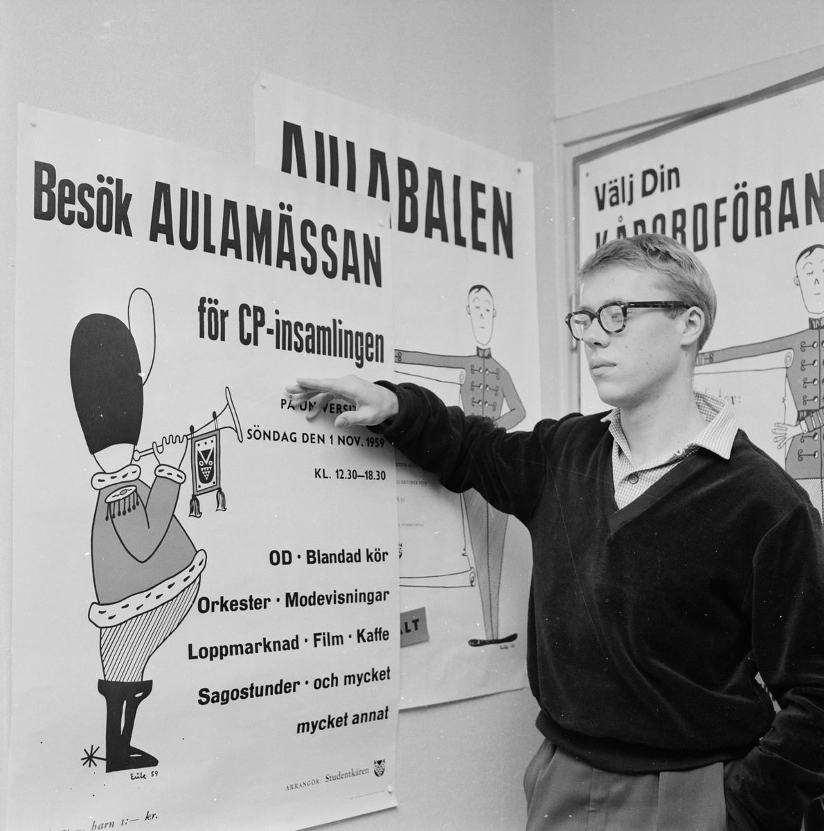 Aulamässans affisch har ritats av juris studerande Erik Waller, Uppsala, oktober 1959