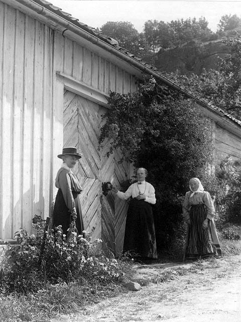 Tre kvinnor står i gränden vid porten till Franckska gården. Det är sommar. Kvinnan till vänster med hatt är okänd, därnäst fröken Valborg Franck och hennes hushållerska Augusta Jacobsdotter med ljust huckle. Rik växtlighet i gränden och klätterrosor till höger om porten.