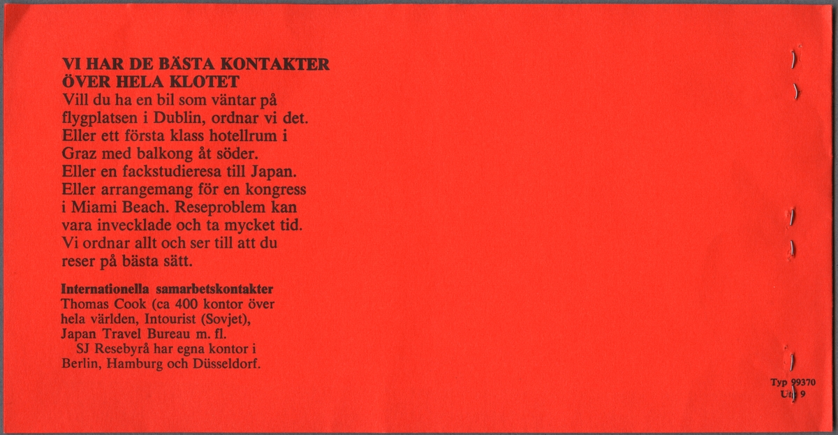 RIT-biljett i rött biljettfodral.
På framsidan av biljettfodralet finns två rabattbiljetter fastsatta. På dem står det 29-06-81 handskrivet. Under biljetterna står det Skr 1558- handskrivet. Rabattbiljetterna är klippta. På baksidan finns reseinformation.
Biljetten i blijettfodralet är 2:a klass framresa Helsingborg F till Köpenhamn.