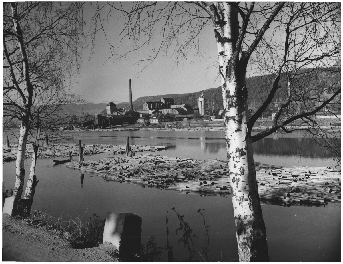Krogstad cellulosefabrik, Krokstadelva, ved Drammenselva, tømmer, fototgrafert fra Mjøndalen-siden,. 1955.