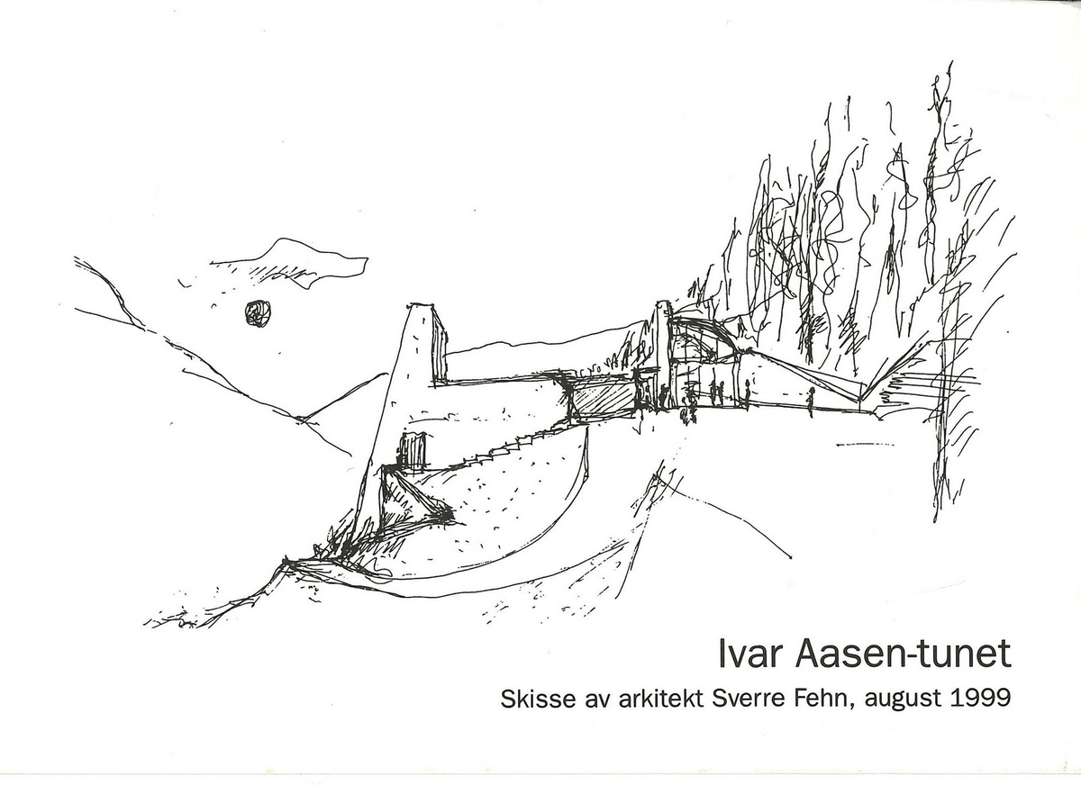 Postkort frå 2000 med arkitekt Sverre Fehn si skisse av Ivar Aasen-tunet på framsida. Skissa er datert august 1999. Postkortet er utgjeve av Nynorsk kultursentrum, og det vart produsert 420 eksemplar med dette motivet. Ivar Aasen-tunet vart opna 22. juni 2000.