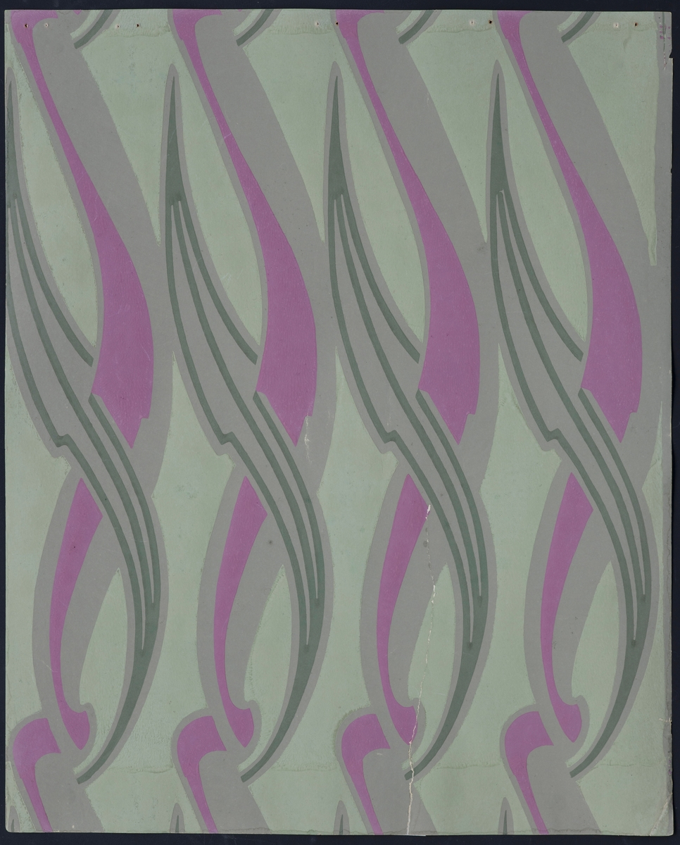 Tapetprøve med stilisert abstrakt mønster med bølgede linjer som beveger seg i en spiral.