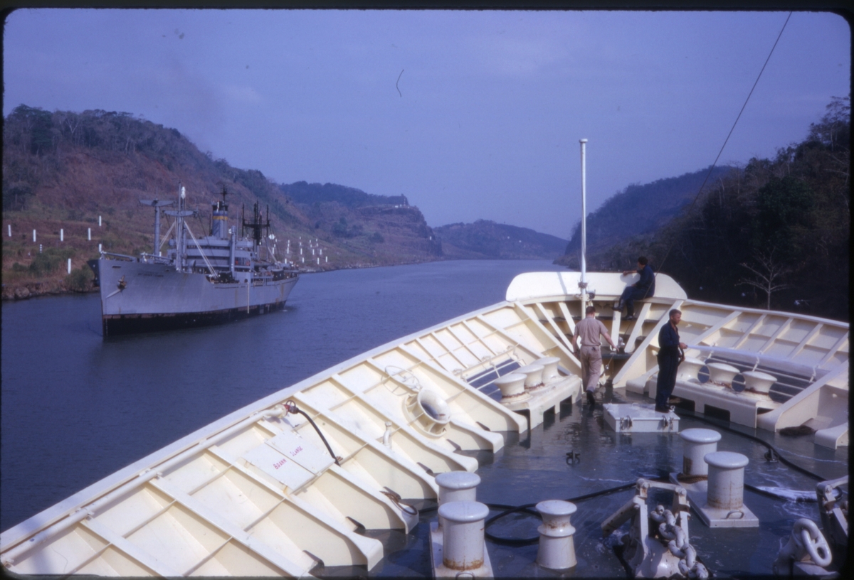 Panamakanalen, og ukjent passerende skip, sett fra baugen på cruiseskipet 'M/S Sagafjord'. 'Sagafjord' Around The World via Africa Cruise 1966.