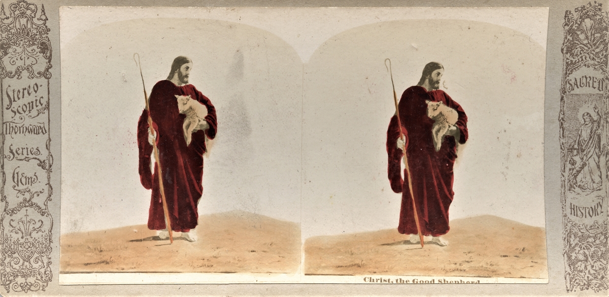 Stereofotografi av en tegning av Jesus Kristus med gjeterstav og et lam under armen.