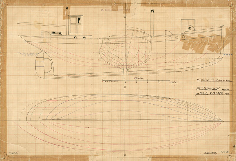 Konstruksjonstegning av en båt på gulnet papir. (Foto/Photo)
