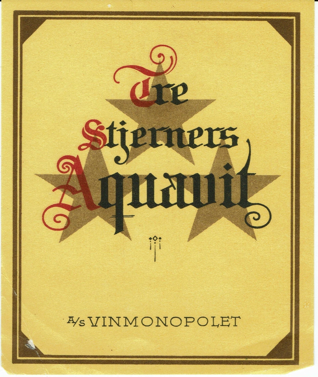 Tre Stjerners Aquavit. A/S Vinmonopolet. 