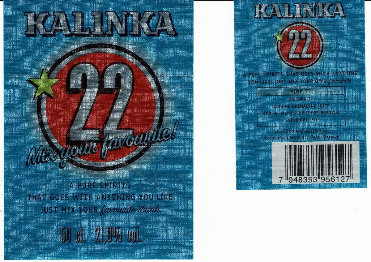 Kalinka Pink 22  21.9% vol. Distilled and bottled by Arcus Produkter AS. 
